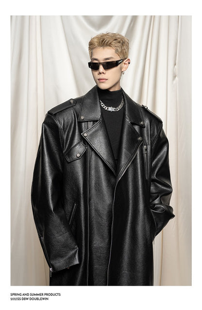 Mauroicardi Spring Autumn Oversized Cool Extra Long Black Pu Leather Trench Coat Men Zipper Loose Luxury European Fashion 2023