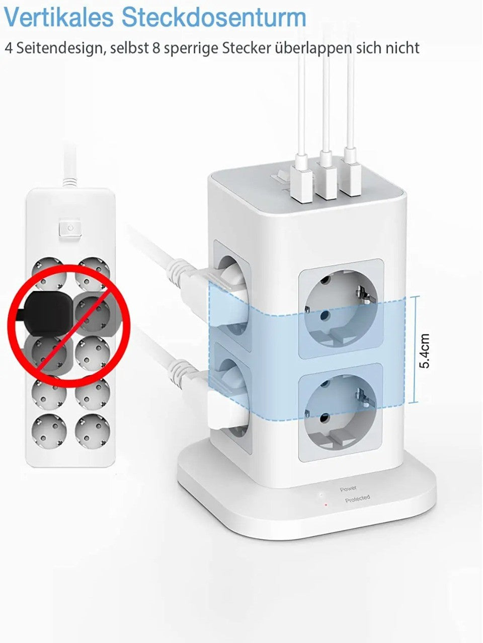 TESSAN Tower Power Strip Multi Outlets with USB A +1 Type C 2M Extension Cable EU Plug Vertical Electric Socket Surge Protection