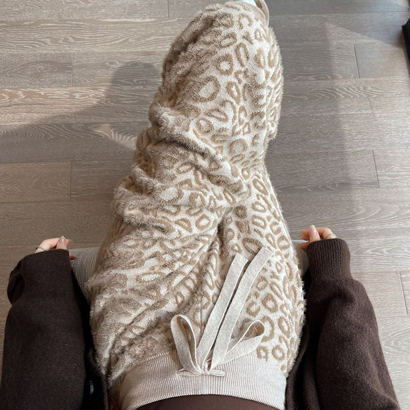 Coffee Leopard Print Knitted Wide Leg Pants Women Mink Fleece Warm Winter Double-sided Fleece Winter Pants Lazy Hanging Feeling