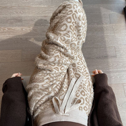 Coffee Leopard Print Knitted Wide Leg Pants Women Mink Fleece Warm Winter Double-sided Fleece Winter Pants Lazy Hanging Feeling