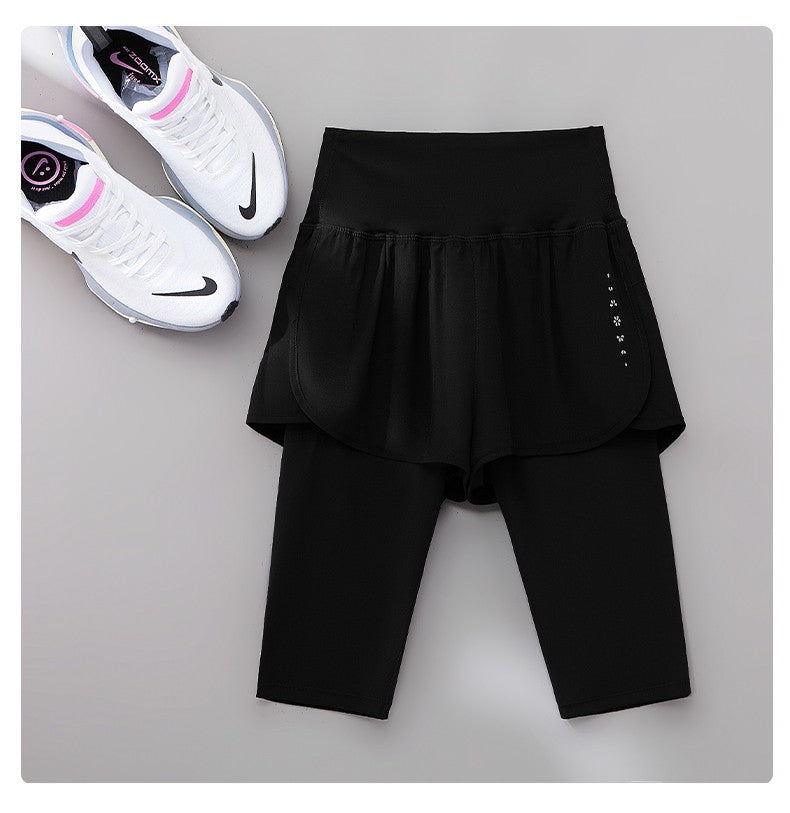 DRUR Knee Length Yoga Pants Summer 2 In 1 Gym Running Shorts Women High Waist Workout Leggings Yogawear Fitness Clothing New