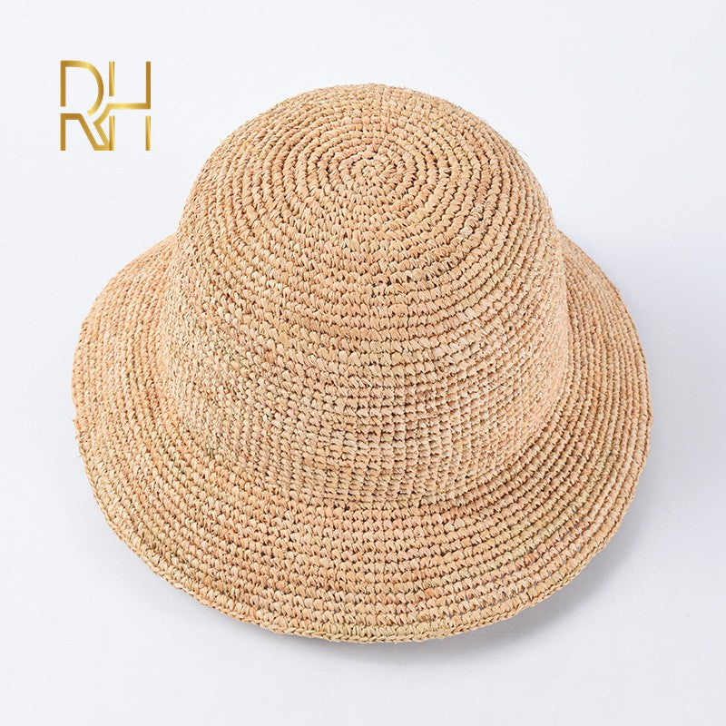 Chapéu de Balde de Crochê Feminino Feito à Mão de Palha de Ráfia Natural para Primavera Verão Praia Aba Larga Pescador