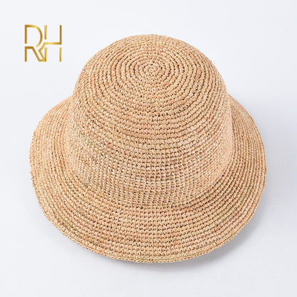 Chapéu de Balde de Crochê Feminino Feito à Mão de Palha de Ráfia Natural para Primavera Verão Praia Aba Larga Pescador
