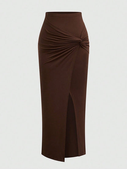 New French High-Waist Retro Knitted Ruched High-Slit Midi Skirt Black Versatile Slim Plus Size Female Clothing Elegant Party