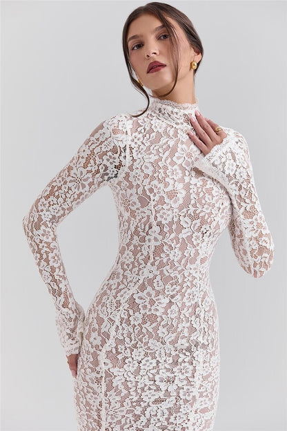 Mozision Lace Long Sleeve Sexy Midi Dress For Women Elegant White Half High Coll