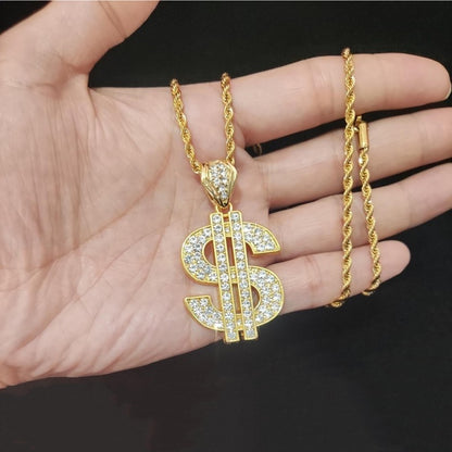 Colar com pingente de dólar hip-hop para homens e mulheres com corrente cubana de 13 mm, pingentes hip-hop cravejados, colares de joias modernas punk, presentes