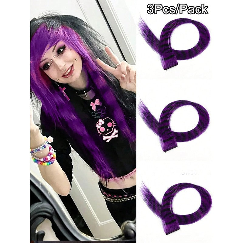 3Pcs Leopard Print Hair Extensions Synthetic Stripe Printed Hair Piece Colorful Long Straight Clip In Hair For Women Girls Party
