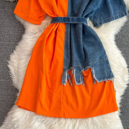 XFPV Women's Sweet high Waist Wrap Belt Round Neck patchwork Denim Shirt  Chic Top Y2k Korean Fashion Spring Summer 2025 SM11327