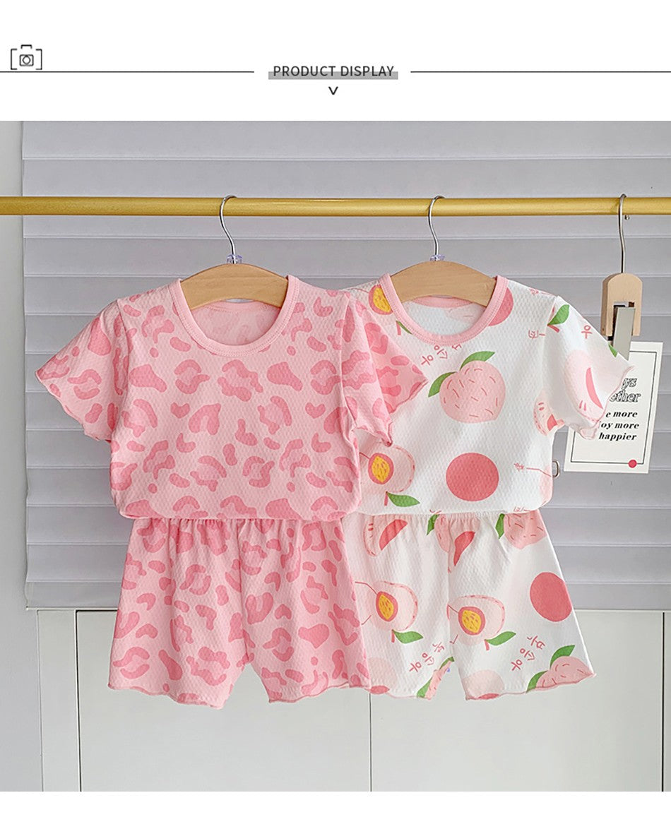 2Pcs 2025 Summer Kids Leopard Print Home Clothes Set Girls' Ice Silk Pajama Sets Baby Short Sleeve Shorts Tops Women' Loungewear