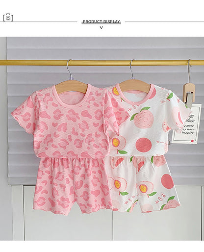 2Pcs 2025 Summer Kids Leopard Print Home Clothes Set Girls' Ice Silk Pajama Sets Baby Short Sleeve Shorts Tops Women' Loungewear