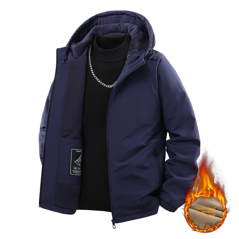 Jaqueta de Pesca Masculina Externa Capuz Larga Forro Polar Grosso Casaco Outono Inverno Jaqueta Casual Simples Versátil Casaco Acolchoado de Algodão