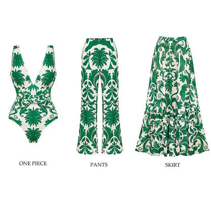 Flaxmaker Women Sexy Deep V Neck Printed One-piece Swimsuit and Pants Sets Swimwear Monokini Girl Beach Bathing Suits Beachwear