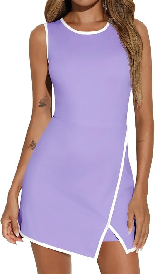 Women's Tennis Dress With Built-In Shorts & Pockets, Sleeveless Athletic Mini Dress With Bra, Golf Sports Dress