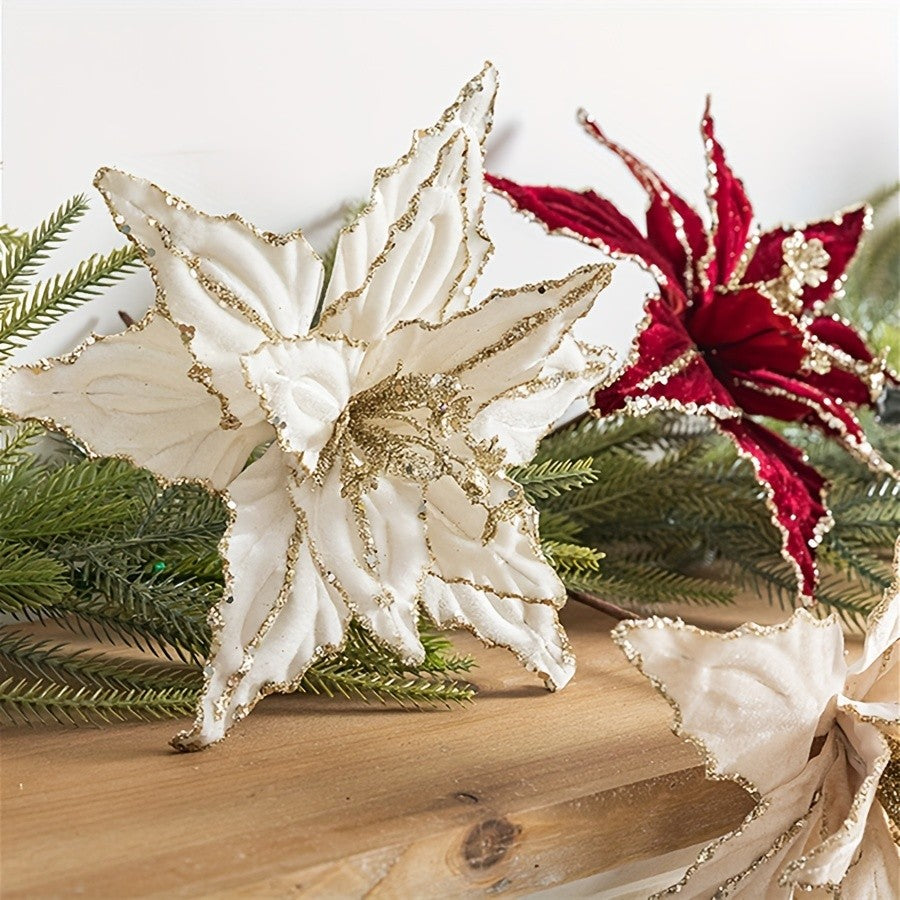 1/4pcs Christmas Holiday Decorative Flowers Artificial Flowers,Shiny Sequin Velvet Christmas Flowers 25.91cm,  home decor