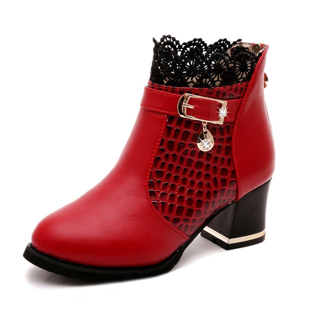 Women'S Ladies Boots Fall Winter Vintage Leather Lace Short Boots Shoes Women'S Fashion Lace Trim Boots Mid-Heeled Boots
