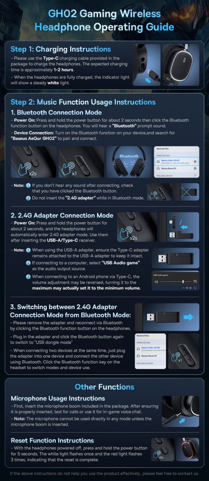 Baseus GH02 Gaming Wireless Headphone with Mic Over-Ear Headphones Bluetooth 5.3 40mm Driver 2.4G/Wireless/Cable RGB Headsets