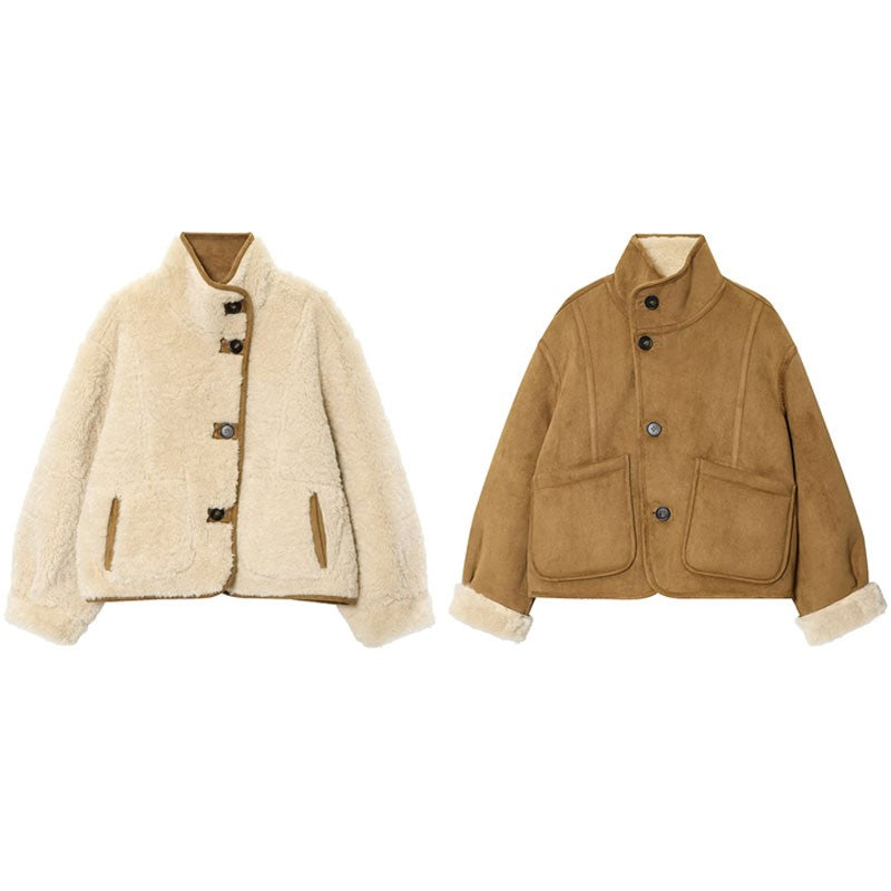 Suede Plush Both Sides Women's Coat Jacket Single Breasted Stand-Up Collar Pockets Female Jackets Autumn Loose Solid Coat Ladies