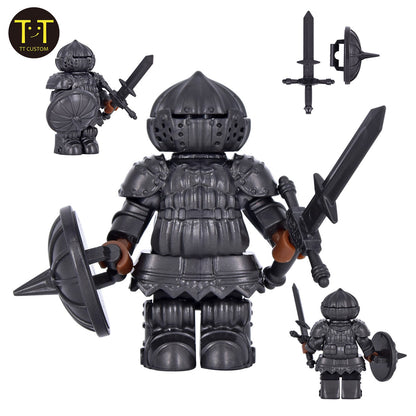 Miniatura de Cavaleiro da Cebola Medieval com Armadura Detalhada de Cavaleiro Negro e Blocos de Montar de Escudo Intercambiável
