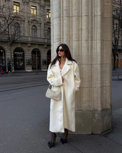 Elegant White Lapel Woolen Long Coat Women Fashion Full Sleeve Single-breasted Warm Loose Coats Lady Winter Commute Street Wear