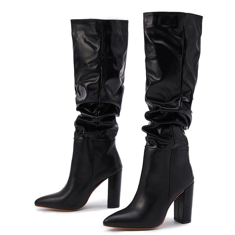 Fashion Pleated Women Knee High Boots Sexy Pointed Toe Square Heels Ladies Long Female White Black Shoes size 35-42