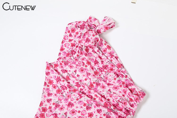 Cutenew Floral Print Women Midi Dresses Fashion Incline Shoulder Bandage Ruffle