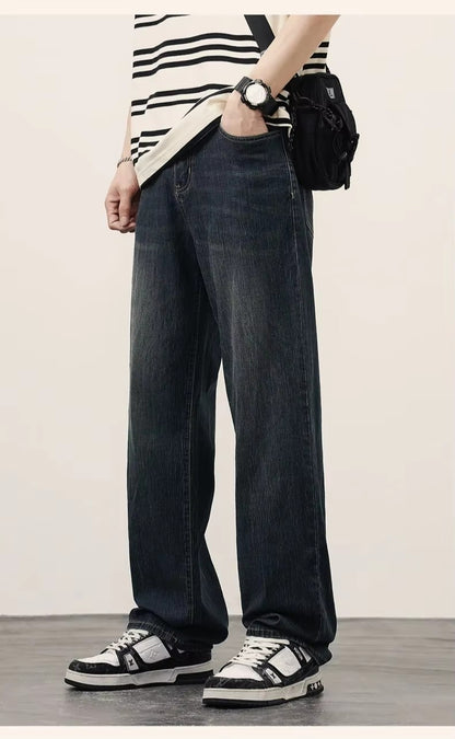2025 Primavera Outono Novas Calças Jeans Masculinas Retas Vintage Casuais Masculinas de Alta Qualidade Estilo Coreano Baggy Calças Jeans de Perna Larga