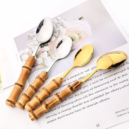 Drmfiy Teaspoon Dinnerware Set Stainless Steel 4/6/10Pcs Coffee Spoons Cutlery Set Kitchen Bamboo Handle Golden Tableware Set