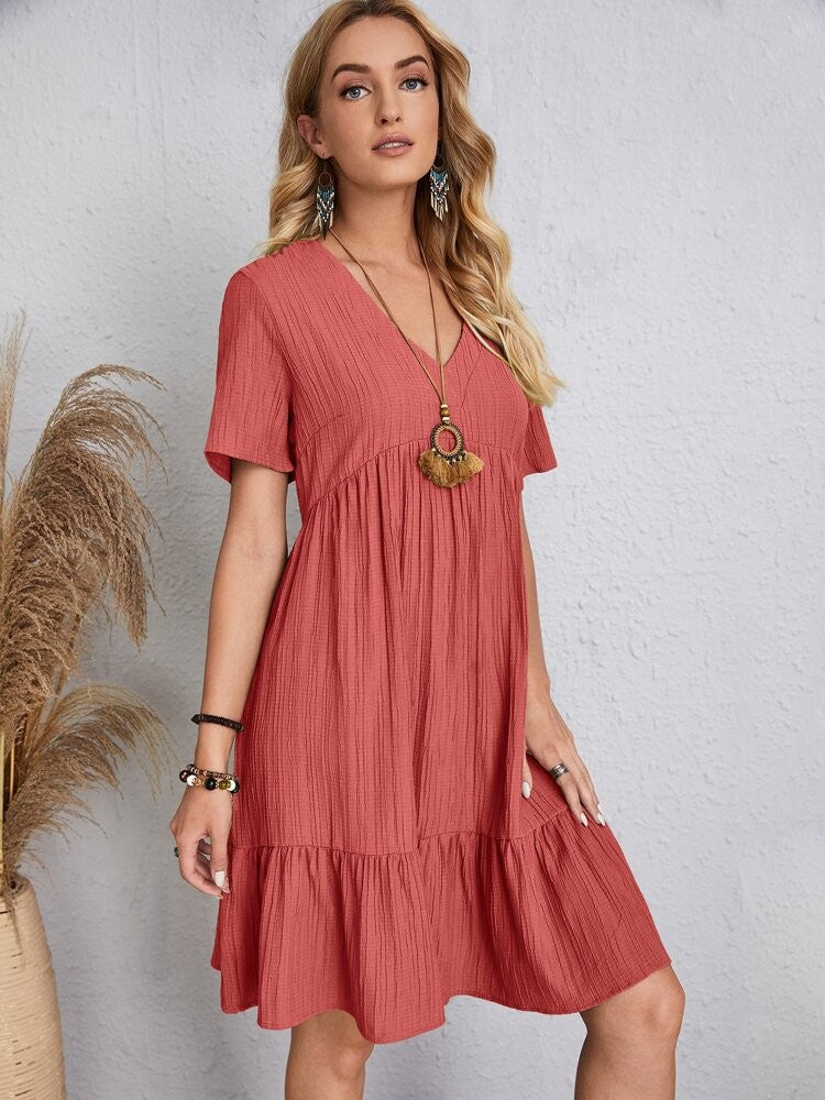 Women Elegant Short Sleeve V Neck Ruffles Dress Summer Casual Solid Loose Mini Dress Chic Bohemian Sundress Beach Party Vestidos