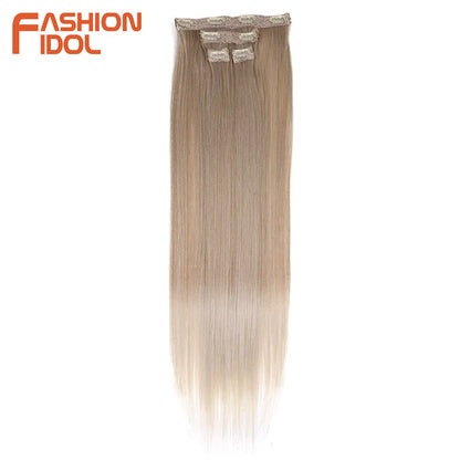 FASHION IDOL Long Straight Hairstyle 8 Clips In Hair Extensions Blonde 60CM Natural Synthetic Hair Daily Use Hairpiece Fake Hair