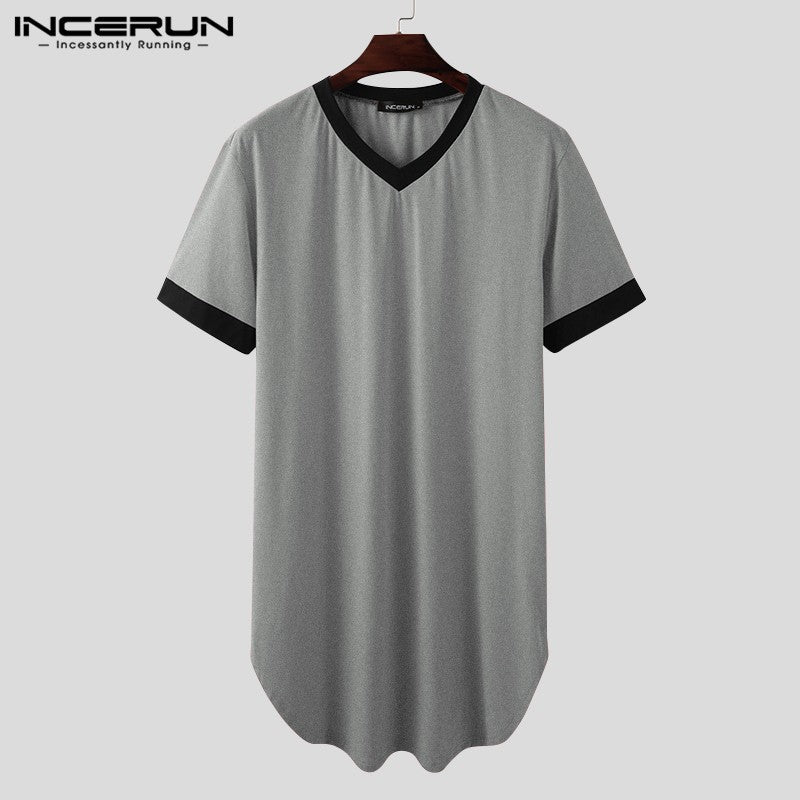 INCERUN 2024 Men Sleep Robes Short Sleeve V Neck Nightgown Patchwork Cozy Homewear Fashion Loose Mens Bathrobes Dressing Gown
