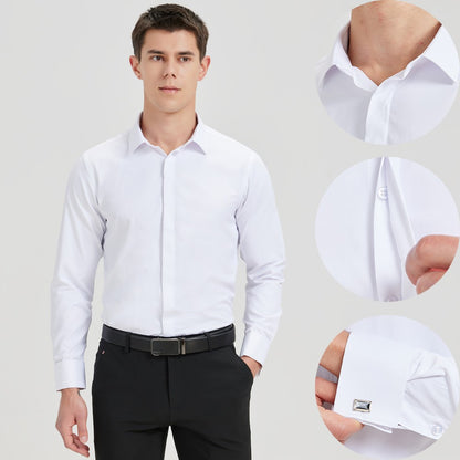Men's Formal Long Sleeve Dressy Shirt Covered Buttons Front Placket Fits Comfortably French Cuffs Shirts Random Metal Cufflinks