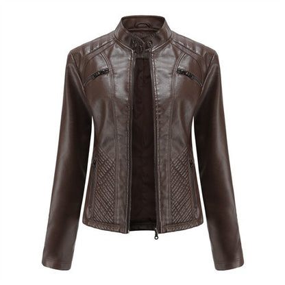 2025 Autumn Women's Black Moto Biker Zipper Jacket, Red Apricot Coffee PU Coat, Light Purple Outerwear.