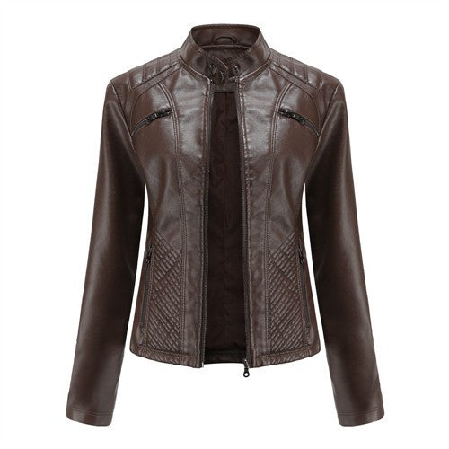 2025 Autumn Women's Black Moto Biker Zipper Jacket, Red Apricot Coffee PU Coat, Light Purple Outerwear.