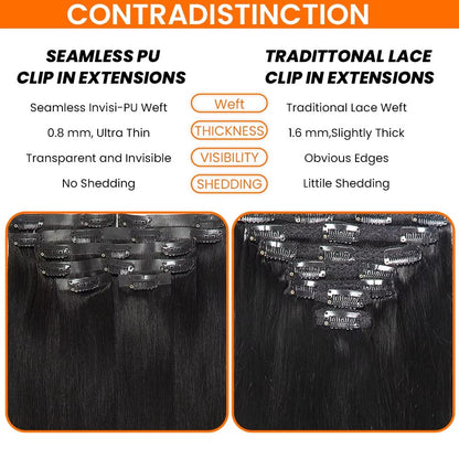 Extensão de cabelo PU reta de clipe, cor preta natural, clipe brasileiro Remy de 100% cabelo humano, extensões de cabelo 120G 9 peças de cabelo real