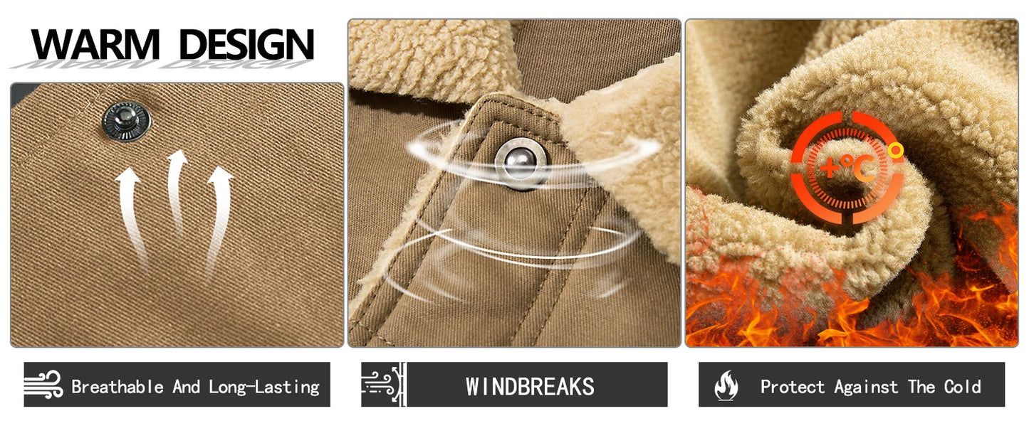 Men's Jackets Winter Faux Shearling Lined Windproof Warm Coat Black Buttoned Parka Pockets Comfortable Casual Tops US Size