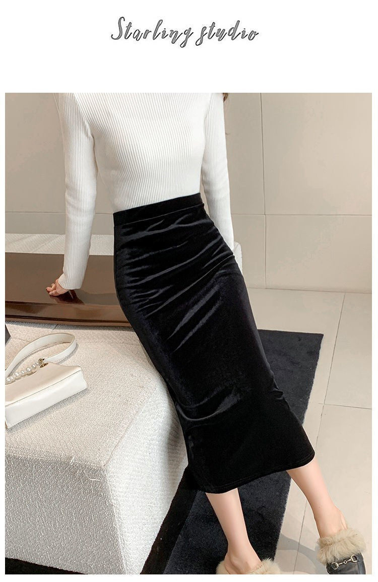 Elegant Velvet Black Long Skirts Women Autumn Winter High Waist Faldas Korean Fahion Clothing Office Ladies Bodycon Midi Skirt