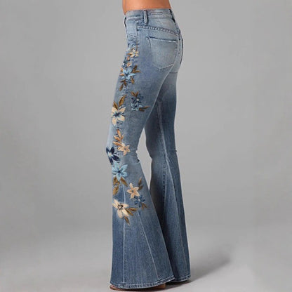 Women's Floral Embroidered High Waist Flared Jeans Vintage Boho Wide Leg Denim Pants for Party and Daily Outfits