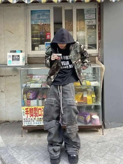 PFNW High Street Drawstring Zipper Sliced Wide Leg Cargo Pants Msn's Casual Loose Straight Trousers Loose Denim Pants 28W5963