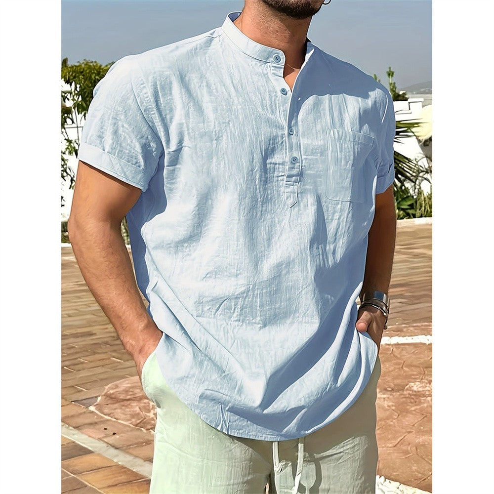 Summer Hot Sale Men's T-shirt Cotton Linen Henley Neck Casual Breathable Lightweight Solid Color Pocket Button Tops