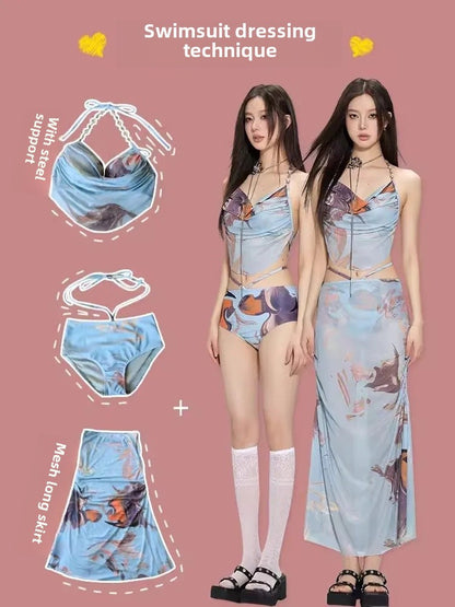 2024 New Three-Piece Bikini Set Beach Vacation Hot Spring Trip Slimming Long Skirt Separate Swimsuit Meat Concealing Photography