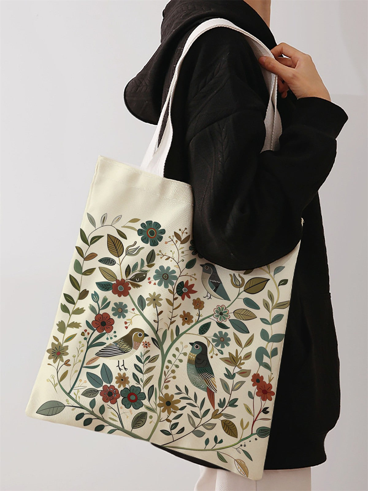 Bird and flower pattern printed casual handbag, reusable fashionable backpack, multifunctional handbag, canvas shopping bag