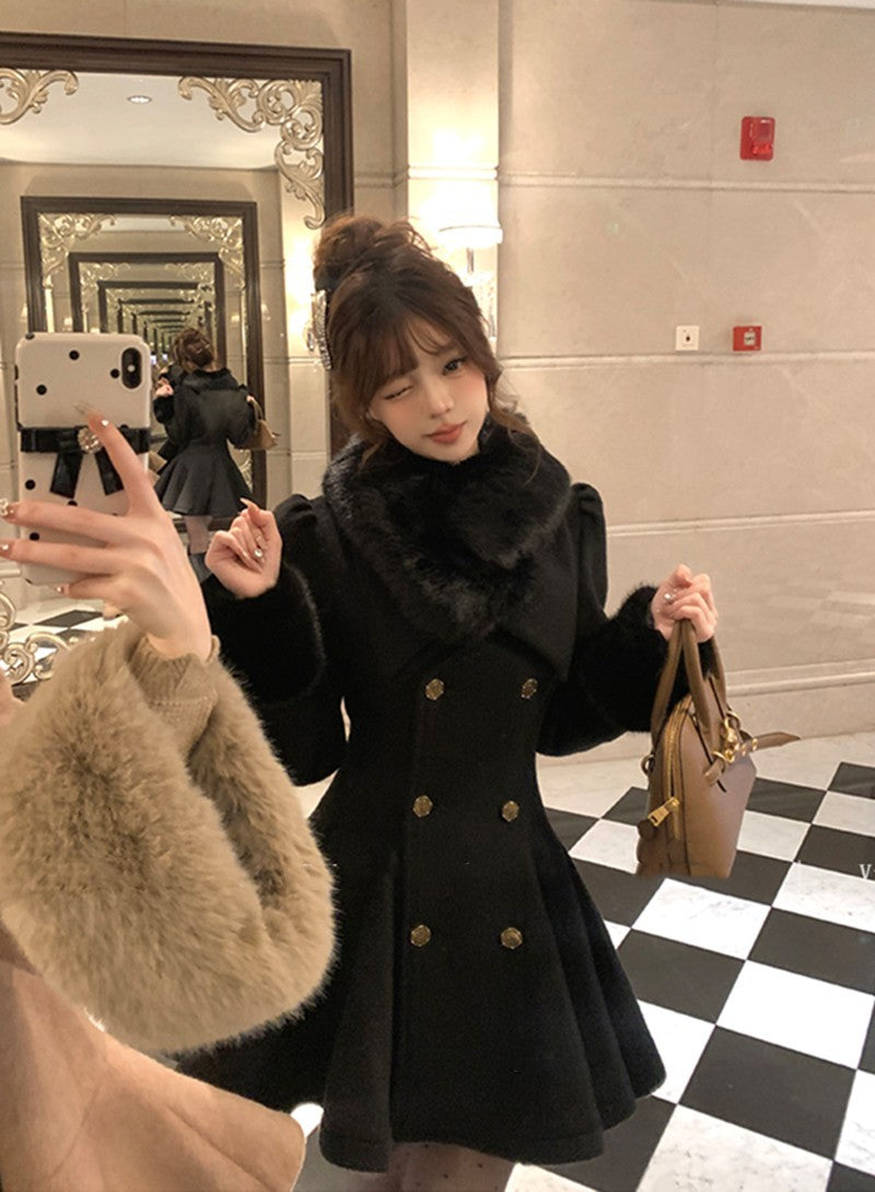 Vintage Black Wool Blends Coats Women Elegant Faux Collar Woolen Jacket Korean Long Sleeve Outerwears Winter Design Overcoat New