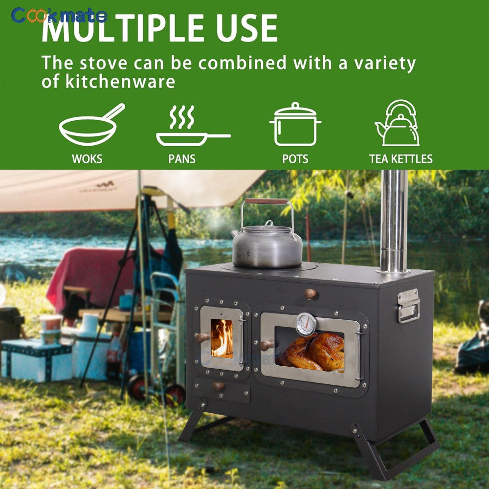 Fogão Multifuncional a Lenha para Acampamento Queimador Externo Portátil com Forno Barraca Fogão Caminhada Piquenique Churrasco Assar Aquecimento Pizza