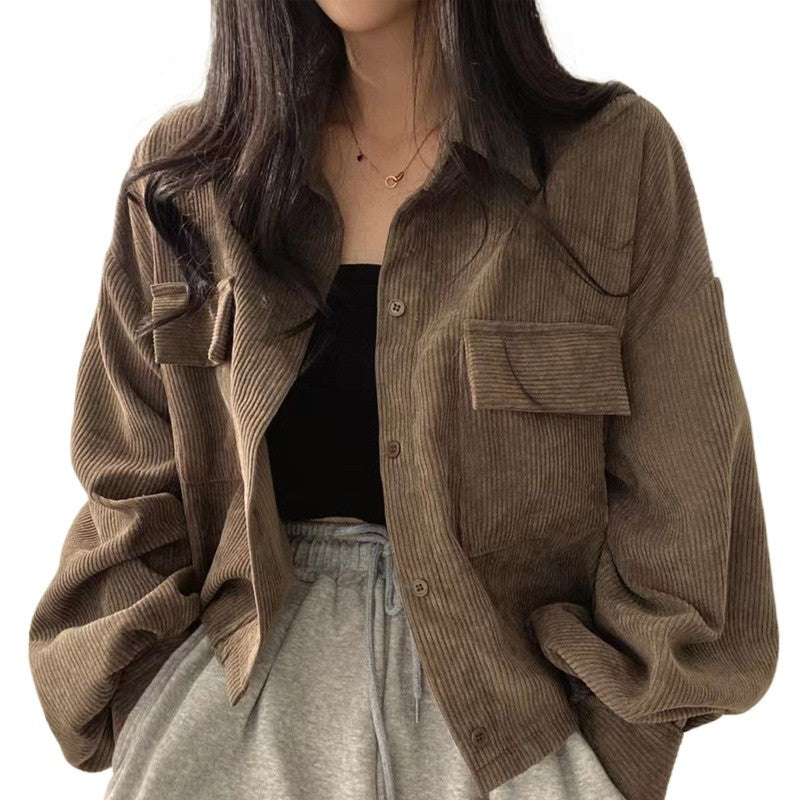 Autumn Retro Versatile Single Breasted Turndown Collar Long Sleeved Jacket for Women Coffee Casual with Pockets Loose Coat