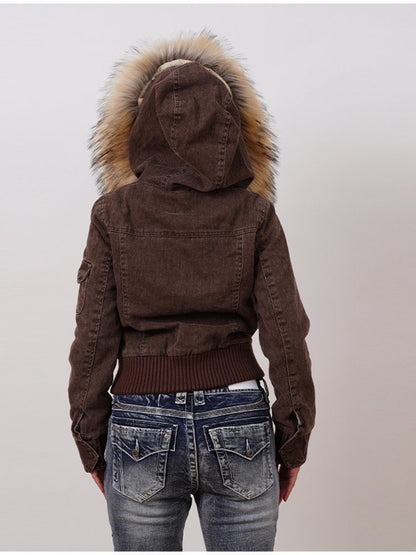 Vintage Brown Short Hooded Jacket Women's Full Sleeve Slim Detachable Fur Collar 2025 NEW Winter  Autumn Female Outerwear