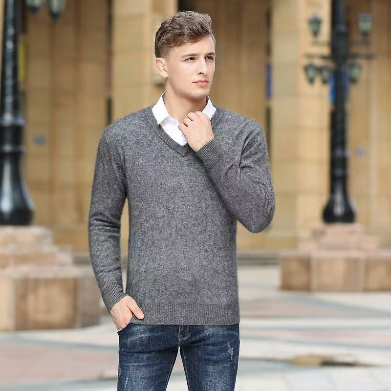 Autumn And Winter New Warm Pure Mink Cashmere Sweater Men's V-neck Pullover Thickened Plus Size Knitted Bottoming Shirt