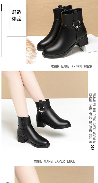 Women's Winter Waterproof Fashion Soft Leather Ankle Boots Mom Thick Plush Warm Cotton Shoes Thick Heel Platform Boots