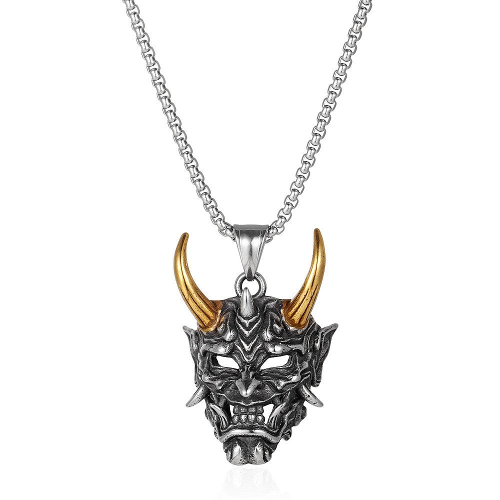Gold Color Horn Ghost Mask Pendant Necklace For Men Retro Style Stainless Steel Neck Chain Silver Color Jewelry Halloween Gift