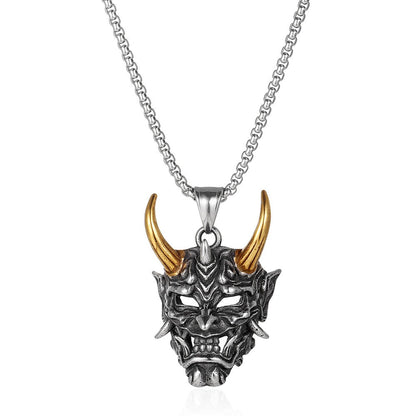 Gold Color Horn Ghost Mask Pendant Necklace For Men Retro Style Stainless Steel Neck Chain Silver Color Jewelry Halloween Gift