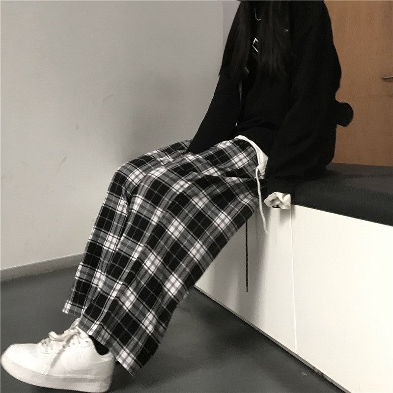 Women Black Plaid Wide Leg Pants Casual Hip Hop Elastic Waist Pockets Baggy Trousers Loose Vintage Y2K Sweatpants Streetwear